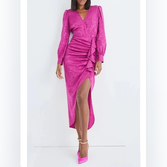 Veronica Beard Weiss Silk Printed Long Sleeve Ruffle Maxi Dress sz 0 Magenta - Picture 1 of 15